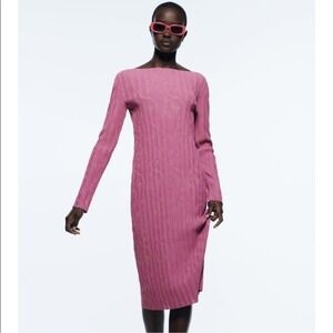 Zara Knit Dress Textured‎ Pink Gold Metallic Midi Long Sleeve Party Cocktail M